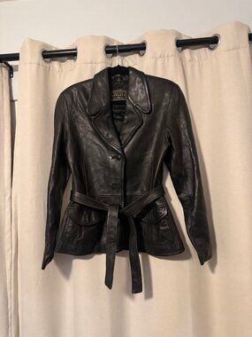 Express Vintage Genuine Leather Belted Blazer Jacket – Black, Size M